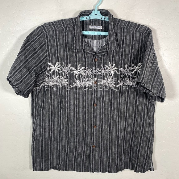 Tommy Bahama Shirt Mens 2XL Gray Linen Blend Hawaiian Camp Floral Embroidered - Picture 1 of 10